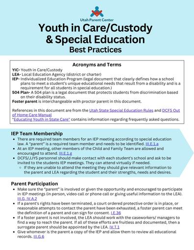 YIC and Special Education Best Practice Brochure